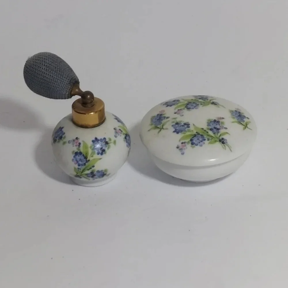 Vintage‎ Jlona Lilac Adorned Porcelain Perfume Atomizer and Tinket Box Set